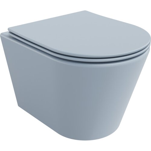Na zdjęciu znajduje się szara-niebieska matowa miska WC z deską wolnoopadającą, o nowoczesnym, minimalistycznym designie. Produkt ma gładką powierzchnię i zaokrąglone krawędzie.