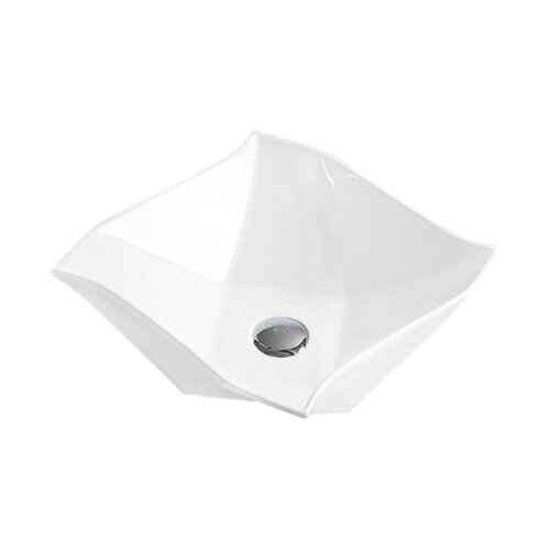 Biała, kwadratowa umywalka nablatowa o wymiarach 42 x 42 cm z zaokrąglonymi krawędziami i centralnie umieszczonym otworem odpływowym. Powierzchnia umywalki jest gładka i błyszcząca.