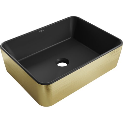 Czarna matowa umywalka nablatowa o prostokątnym kształcie z otworem odpływowym, zewnętrzne ścianki w złotym kolorze z wzorem linii. Na wewnętrznej stronie widoczne jest logo "Mexen".