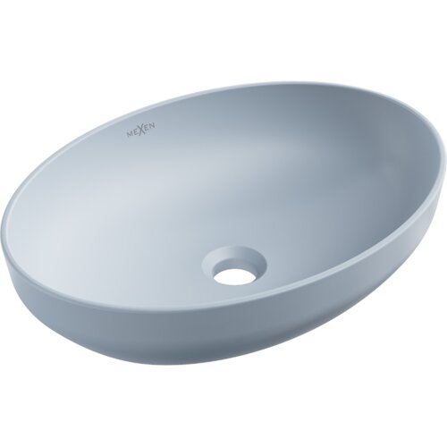 Na zdjęciu widoczna jest owalna umywalka nablatowa w kolorze szaro-niebieskim o matowym wykończeniu, z otworem na odpływ. Na wewnętrznej stronie umywalki znajduje się logo "Mexen".