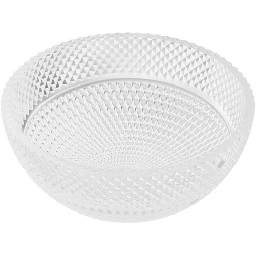 Przezroczysta, szklana umywalka nablatowa o wymiarach 34 x 34 cm, z wyraźnym, geometrycznym wzorem na powierzchni. Produkt ma kształt miski z teksturowanym wykończeniem, które tworzy efekt trójwymiarowy.