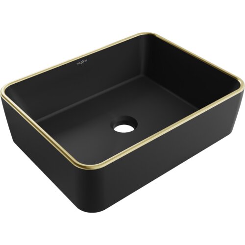 Czarna matowa umywalka nablatowa o prostokątnym kształcie z widocznym złotym rantem i otworem odpływowym na dnie. Na wewnętrznej ściance znajduje się logo "MEXEN".