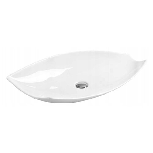 Biała umywalka nablatowa o kształcie przypominającym liść, z centralnie umieszczonym otworem odpływowym. Powierzchnia umywalki jest gładka i błyszcząca.