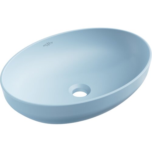 Błękitna, matowa umywalka nablatowa o owalnym kształcie z widocznym otworem odpływowym. Na wewnętrznej stronie umywalki znajduje się logo "Mexen".
