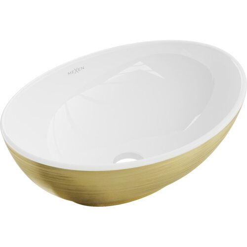 Owalna umywalka nablatowa w kolorze białym z zewnętrzną powierzchnią w złote linie, z widocznym logo "MEXEN" na wewnętrznej stronie. Umywalka ma gładką, błyszczącą powierzchnię i otwór odpływowy na dnie.