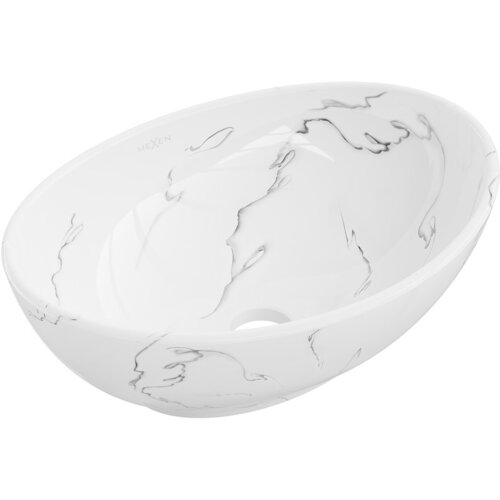 Biała umywalka nablatowa o owalnym kształcie z delikatnym, szarym wzorem przypominającym marmur, z widocznym logo "MEXEN" na wewnętrznej stronie. Umywalka posiada otwór odpływowy na dnie.