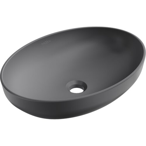 Na zdjęciu znajduje się ciemnoszara, matowa umywalka nablatowa o owalnym kształcie z otworem odpływowym na dnie. Na wewnętrznej stronie umywalki widoczne jest logo "MEXEN".
