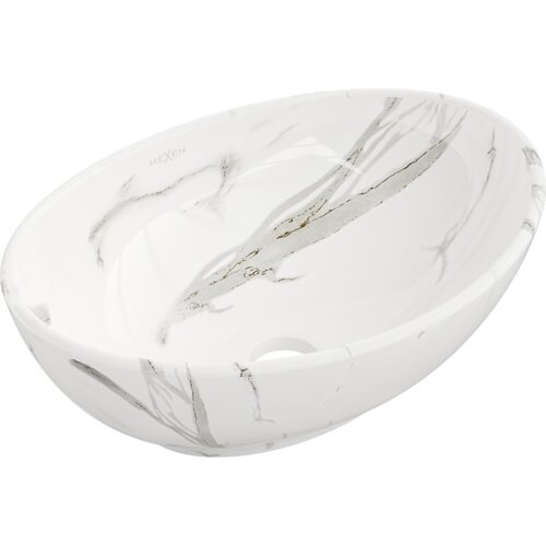Biała, owalna umywalka nablatowa z delikatnym, szarym wzorem przypominającym marmur, z widocznym otworem odpływowym. Na powierzchni umywalki znajduje się napis "MEXEN".