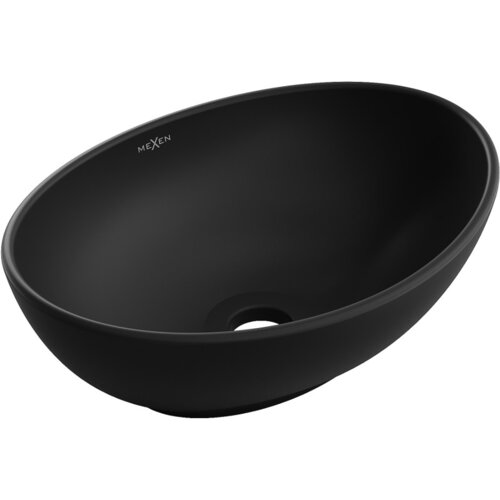 Czarna matowa umywalka nablatowa o owalnym kształcie z widocznym otworem odpływowym. Na wewnętrznej stronie umywalki znajduje się logo "MEXEN".