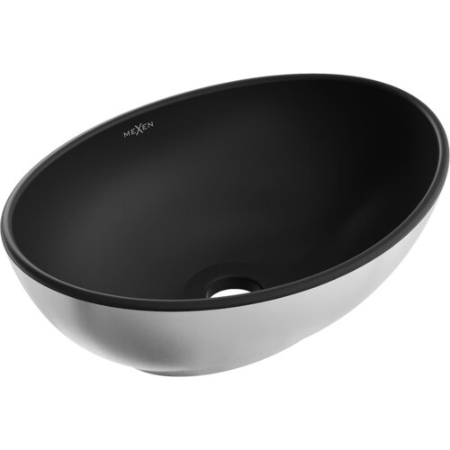 Czarna matowa umywalka nablatowa o owalnym kształcie z widocznym logo "Mexen" na wewnętrznej powierzchni. Zewnętrzna strona umywalki jest w kolorze srebrnym.