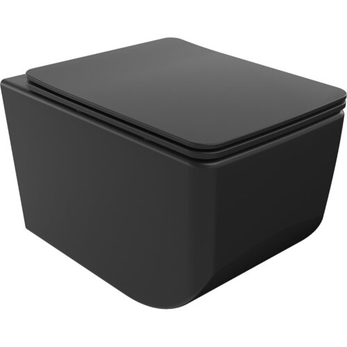 Czarna, matowa miska WC o prostokątnym kształcie z deską wolnoopadającą typu slim. Produkt wykonany z duroplastu, bez widocznych napisów ani logo.