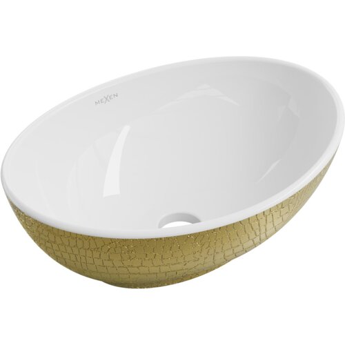 Owalna umywalka nablatowa w kolorze białym z zewnątrz ozdobiona złotym wzorem przypominającym łuski, z widocznym napisem "MEXEN" wewnątrz. Umywalka posiada otwór odpływowy na dnie.