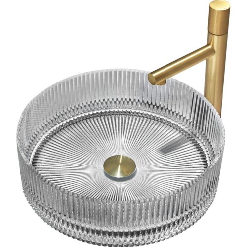 Szklana umywalka nablatowa o wymiarach 39 x 39 cm, w kolorze szarym, z widocznymi pionowymi żłobieniami na zewnętrznej powierzchni. Obok umywalki znajduje się złoty kran o cylindrycznym kształcie.