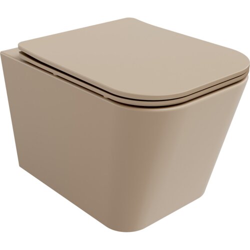 Na zdjęciu znajduje się miska WC w kolorze cappuccino mat, z deską wolnoopadającą typu slim. Produkt ma nowoczesny, prostokątny kształt z zaokrąglonymi krawędziami.