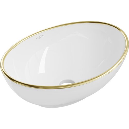 Biała, owalna umywalka nablatowa z widocznym złotym rantem i otworem odpływowym na dnie. Na wewnętrznej stronie umywalki znajduje się logo "MEXEN".