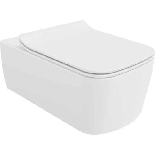 Biała, połyskująca miska WC z deską wolnoopadającą o smukłym profilu, wykonana z duroplastu. Produkt ma nowoczesny, minimalistyczny design bez widocznych elementów montażowych.