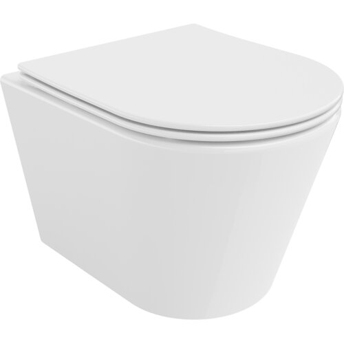 Biała, połyskująca miska WC z deską wolnoopadającą o smukłym profilu, wykonana z duroplastu. Produkt ma nowoczesny, minimalistyczny design bez widocznych elementów montażowych.