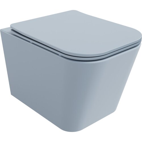 Na zdjęciu znajduje się szara-niebieska matowa miska WC z deską wolnoopadającą typu slim, wykonana z duroplastu. Produkt ma nowoczesny, minimalistyczny design bez widocznych elementów montażowych.