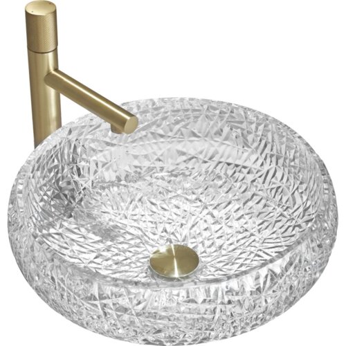 Szklana umywalka nablatowa o wymiarach 44 x 44 cm z transparentnym, geometrycznym wzorem, wyposażona w złoty kran i odpływ. Produkt "Mexen Celia" charakteryzuje się eleganckim, nowoczesnym designem.