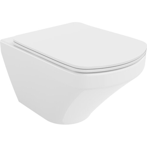 Biała, połyskująca miska WC z deską wolnoopadającą typu slim, wykonana z duroplastu, o nowoczesnym, minimalistycznym designie. Produkt nie posiada widocznych napisów ani logo.