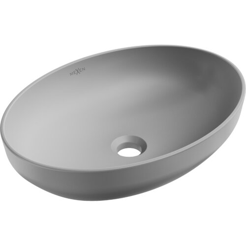 Szara, matowa umywalka nablatowa o owalnym kształcie z otworem na odpływ, z widocznym logo "Mexen" na wewnętrznej stronie.