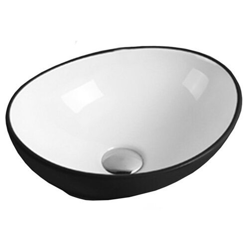 Biała umywalka nablatowa o owalnym kształcie z czarną zewnętrzną powierzchnią i metalowym odpływem na dnie. Produkt ma gładką, błyszczącą powierzchnię.