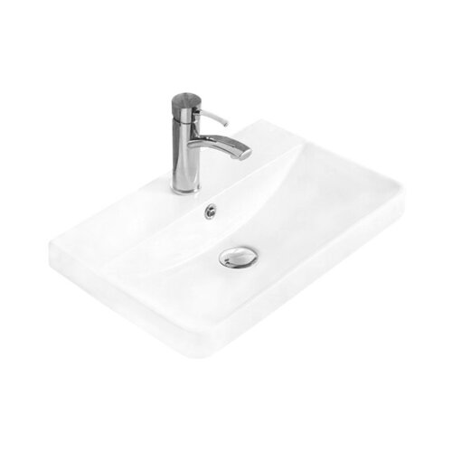 Biała umywalka wpuszczana w blat o wymiarach 50 x 35 cm z chromowaną baterią i odpływem. Produkt ma prostokątny kształt z zaokrąglonymi rogami.