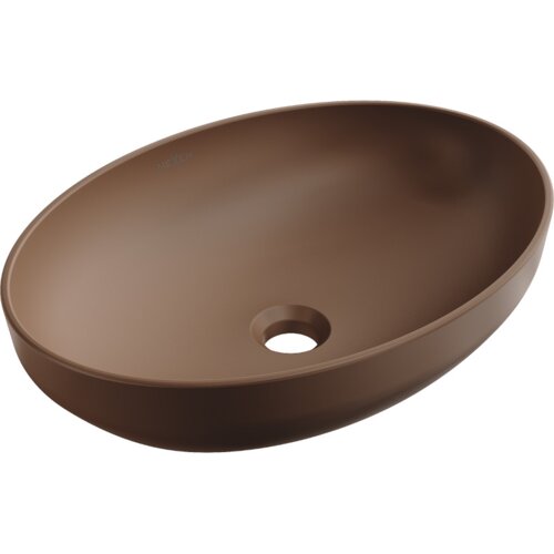 Brązowa, matowa umywalka nablatowa o owalnym kształcie z otworem odpływowym na dnie. Na wewnętrznej powierzchni widoczne jest logo "MEXEN".