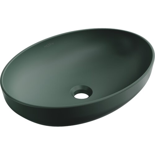 Ciemnozielona, matowa umywalka nablatowa o owalnym kształcie z otworem odpływowym na dnie. Na wewnętrznej powierzchni widoczne jest logo "MEXEN".