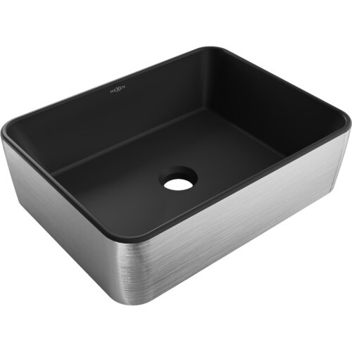 Prostokątna umywalka nablatowa w kolorze czarnego matu z wewnętrzną powierzchnią i srebrnym wzorem linii na zewnętrznej stronie. Na wewnętrznej ściance widoczne jest logo "MEXEN".