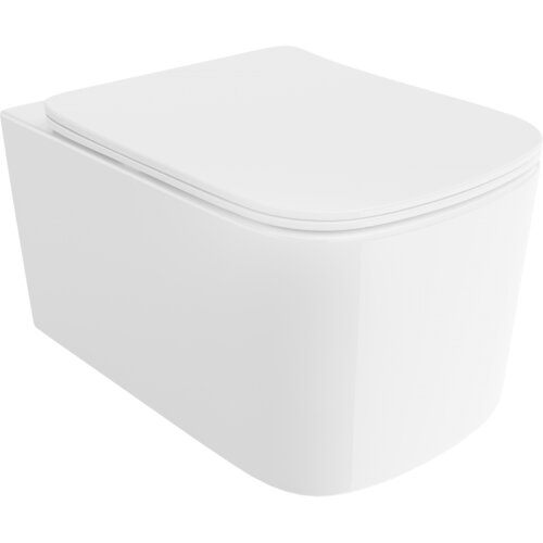 Biała, połyskująca miska WC z deską wolnoopadającą o smukłym profilu, wykonana z duroplastu. Produkt ma nowoczesny, minimalistyczny design bez widocznych elementów montażowych.