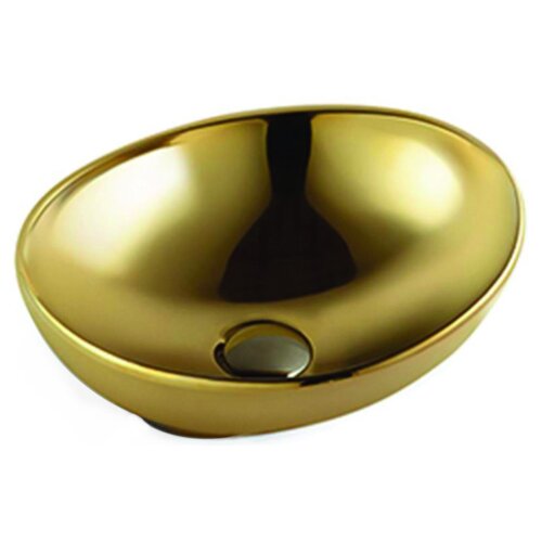 Złota, owalna umywalka nablatowa z gładką, błyszczącą powierzchnią i otworem odpływowym na dnie. Produkt ma elegancki, nowoczesny design.