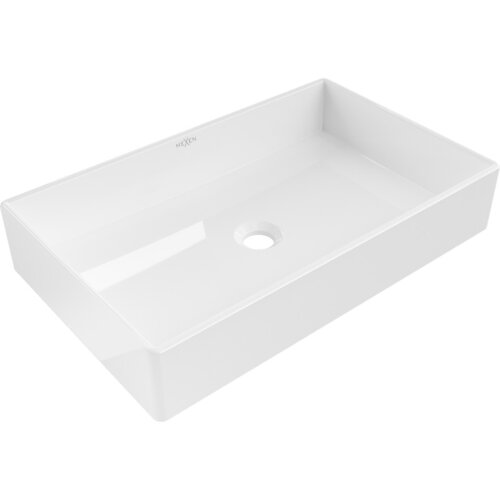 Biała, prostokątna umywalka nablatowa z otworem odpływowym na środku, o gładkiej powierzchni. Na wewnętrznej ściance widoczne jest logo "Mexen".