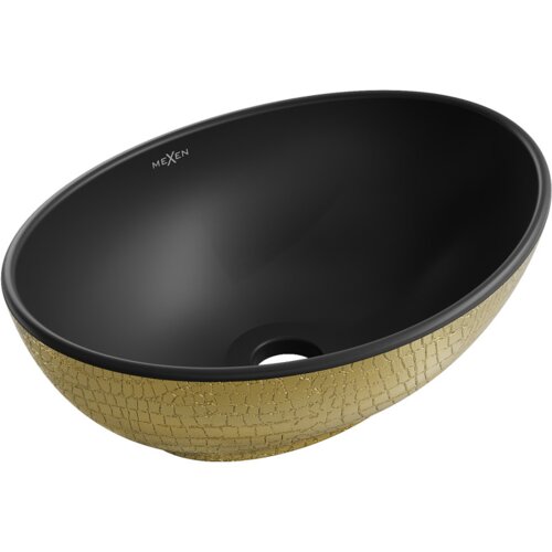 Czarna matowa umywalka nablatowa o owalnym kształcie z zewnętrzną powierzchnią w złoty wzór przypominający łuski. Na wewnętrznej stronie umywalki widoczne jest logo "Mexen".
