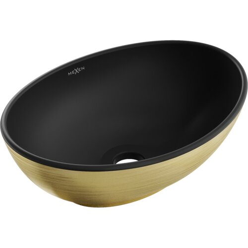 Czarna matowa umywalka nablatowa o owalnym kształcie z zewnętrzną powierzchnią w złotym kolorze z wzorem linii, z widocznym logo "Mexen" wewnątrz. Umywalka posiada otwór odpływowy na dnie.