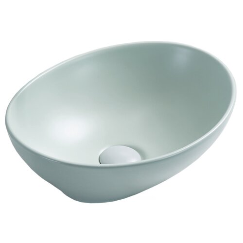 Miętowa, matowa umywalka nablatowa o owalnym kształcie, z widocznym otworem odpływowym na dnie. Produkt ma gładką powierzchnię i jednolity kolor.