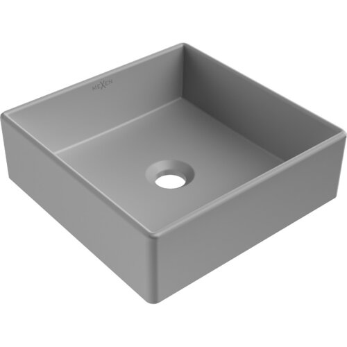 Kwadratowa, szara umywalka nablatowa o matowym wykończeniu z widocznym otworem odpływowym na dnie. Na wewnętrznej ściance znajduje się logo "Mexen".