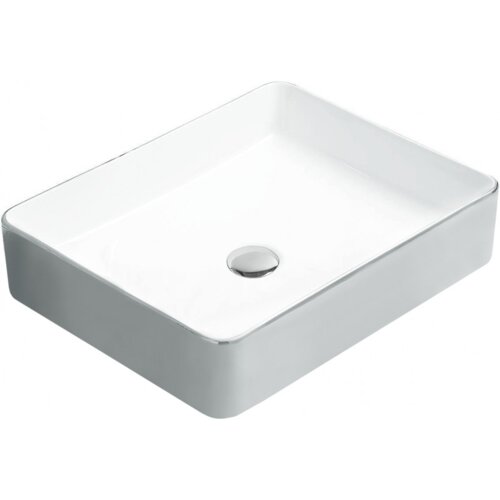 Prostokątna umywalka nablatowa w kolorze białym z srebrnym wykończeniem, posiada gładkie krawędzie i centralnie umieszczony otwór odpływowy. Produkt ma minimalistyczny design i błyszczącą powierzchnię.