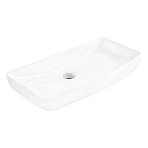 Biała, prostokątna umywalka nablatowa z zaokrąglonymi krawędziami i centralnie umieszczonym otworem odpływowym. Produkt ma gładką powierzchnię i minimalistyczny design.