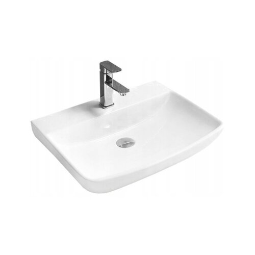 Biała umywalka nablatowa o prostokątnym kształcie z zaokrąglonymi krawędziami, wyposażona w chromowaną baterię z prostokątną wylewką. Na powierzchni umywalki widoczny jest okrągły otwór odpływowy.