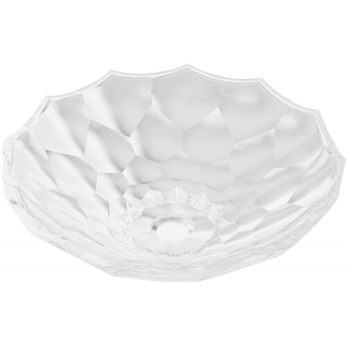 Szklana umywalka nablatowa o wymiarach 44 x 44 cm, transparentna, z geometrycznym wzorem na powierzchni. Produkt ma kształt przypominający misę z wyraźnie zaznaczonymi krawędziami.