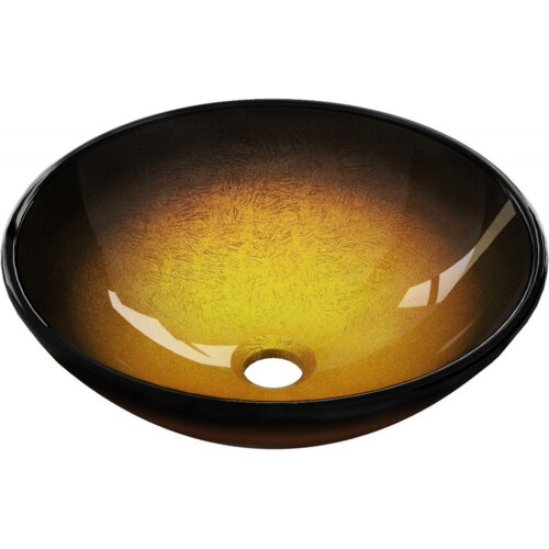 Szklana umywalka nablatowa o wymiarach 42 x 42 cm w kolorze ciemnego złota, z widocznym otworem odpływowym na dnie. Powierzchnia umywalki ma delikatne, teksturowane wykończenie, które odbija światło.