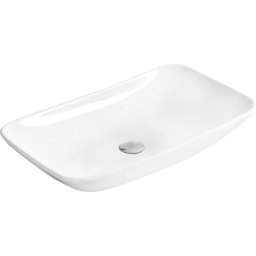 Biała, prostokątna umywalka nablatowa o zaokrąglonych krawędziach z widocznym metalowym odpływem na środku. Powierzchnia umywalki jest gładka i błyszcząca.