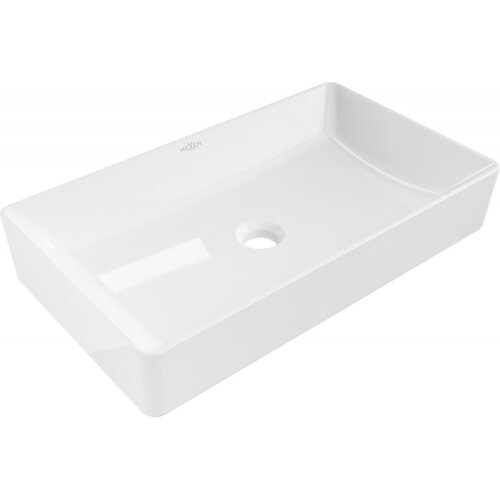 Biała, prostokątna umywalka nablatowa z otworem na odpływ, o gładkiej powierzchni i zaokrąglonych krawędziach. Na wewnętrznej ściance widoczne jest logo "MEXEN".