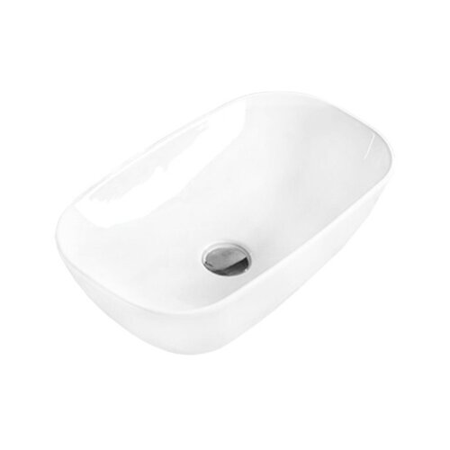 Biała, prostokątna umywalka nablatowa z zaokrąglonymi krawędziami i centralnie umieszczonym odpływem. Powierzchnia umywalki jest gładka i błyszcząca.