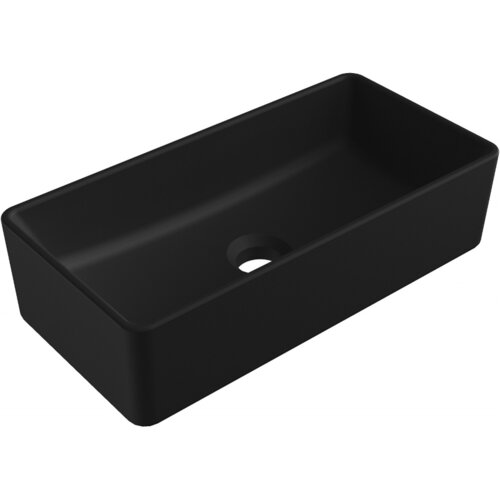 Czarna, matowa umywalka nablatowa o prostokątnym kształcie z otworem na odpływ pośrodku. Produkt ma gładką powierzchnię i minimalistyczny design.