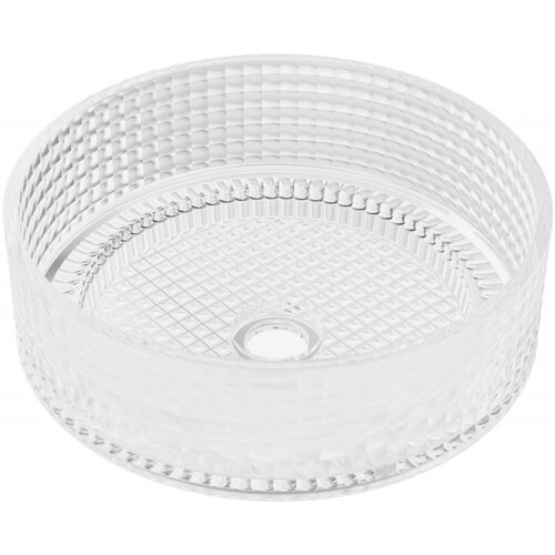 Przezroczysta, szklana umywalka nablatowa o wymiarach 37 x 37 cm, z widocznym wzorem kratki na powierzchni. Umywalka ma okrągły otwór odpływowy na dnie.