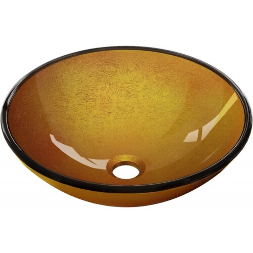 Złota, szklana umywalka nablatowa o okrągłym kształcie z widocznym otworem odpływowym na dnie. Powierzchnia umywalki ma delikatną teksturę i błyszczące wykończenie.