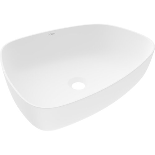 Biała umywalka nablatowa o zaokrąglonych krawędziach z otworem odpływowym na dnie, wykonana z konglomeratu. Na krawędzi widoczne jest logo "MEXEN".