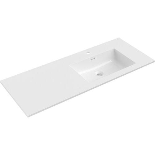 Biała, błyszcząca umywalka wpuszczana w blat o wymiarach 121 x 46,5 cm z otworem na baterię i odpływem. Produkt ma prostokątny kształt z gładką powierzchnią.